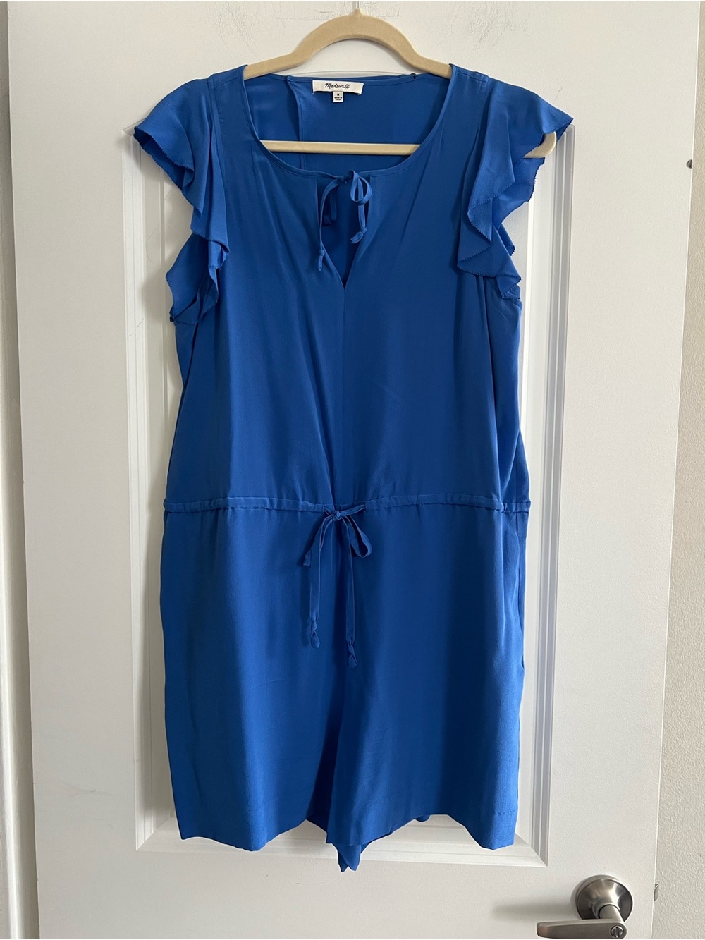 Madewell Cobalt Silk Ruffle Sleeve Tie-Waist Romper